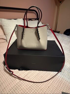 Christian Louboutin Cabarock Mini Pebbled Leather Tote Beige/Sasso with Red Trim